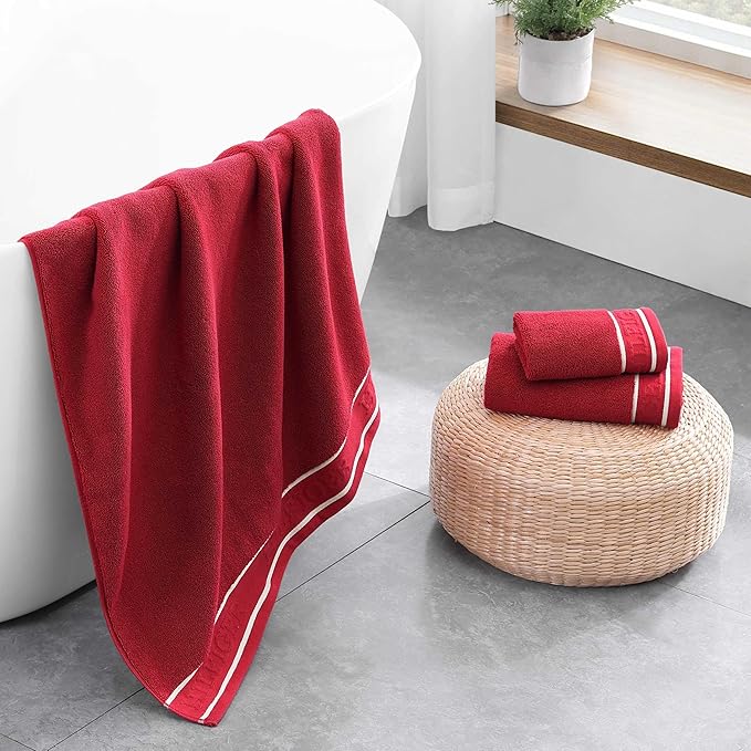 Tommy Hilfiger - Bath Towels, 100% Soft & Absorbent Plush Cotton with Zero Twist Constructions, Quick Dry and Medium Weight Bathroom Towels (Legacy Red, 6 Piece)