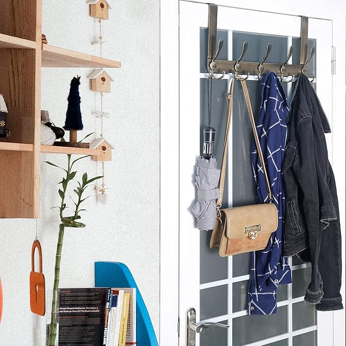 WEBI Over The Door Hook Door Hanger Hook Rack with 5 Tri Hooks for Hanging Coats, Door Towel Rack Towel Hanger Door Coat Hanger Over Door Coat Rack,Bronze,2 Packs