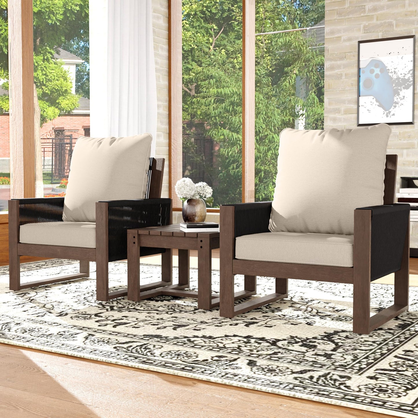 Audumas Patio Chairs 3 Piece Wood Patio Furniture with Coffee Table & Cushions, PE Wicker Outdoor Conversation Set Balcony Chairs for Garden, Porch, Deck, Backyard