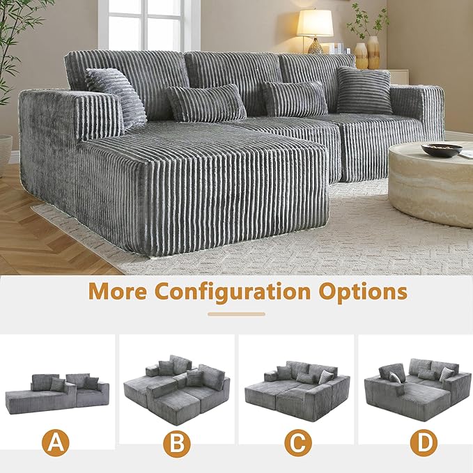 110” Modular Sectional Sofa, Cloud Sectional Couch with Deep Seat, Upholstered Boneless Couches for Living Room, Modern Modular L-Shape Sofa Couch with Chaise (Grey, 110" Right Facing Chaise)