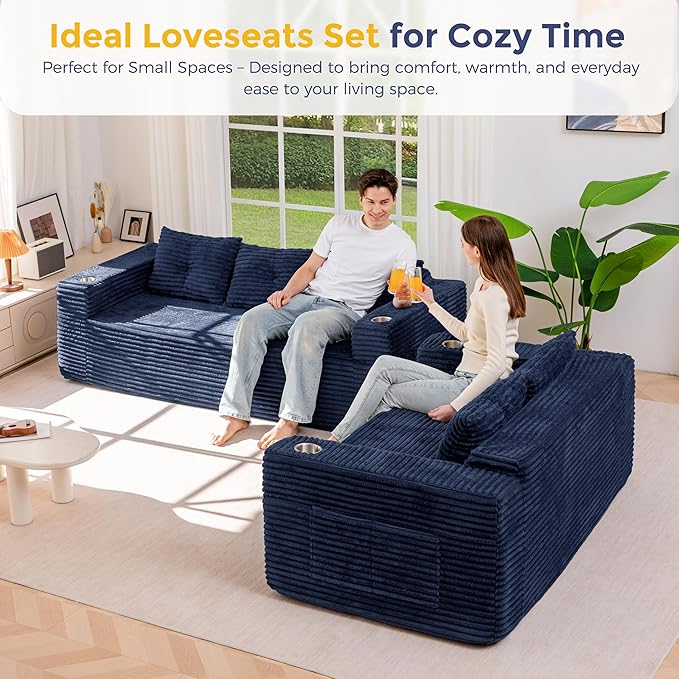 MAXYOYO Boneless Couch and Loveseat Sets for Small Spaces, Mini Love Seat Floor Couch with Cup Holders and Pillows, Upholstered Cloud Couch for Bedroom Apartment, No Assembly Required