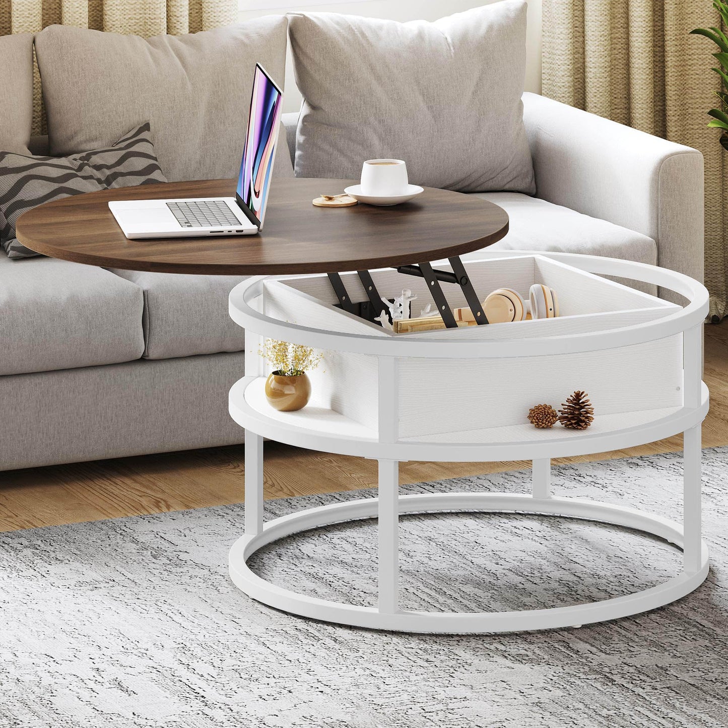 YITAHOME Round Lift Top Coffee Table, Coffee Tables for Living Room with Hidden Storage Compartment, Modern Coffee Table with Storage for Home Office,Round Center Tables Living Room,Brown and White