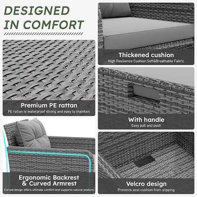 LHBcraft 5 Piece Patio Conversation Set Outdoor Patio Chairs with Ottomans Balcony Furniture with Soft Cushions & Coffee Table for Poolside Garden Balcony, Grey