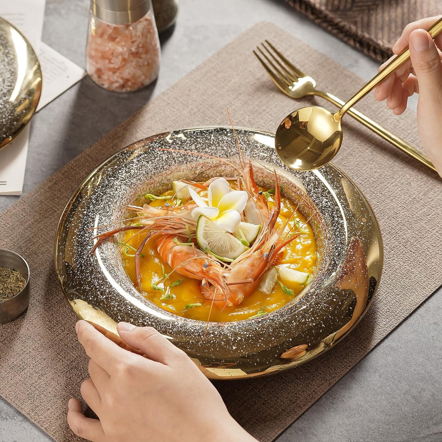 Ceramic Pasta Bowl Plates Set - Ballet Design with Gradient Gold Finish, Dinner Plates for Salad, Pasta & Sushi, Dishwasher Safe, Restaurant & Home Dinnerware