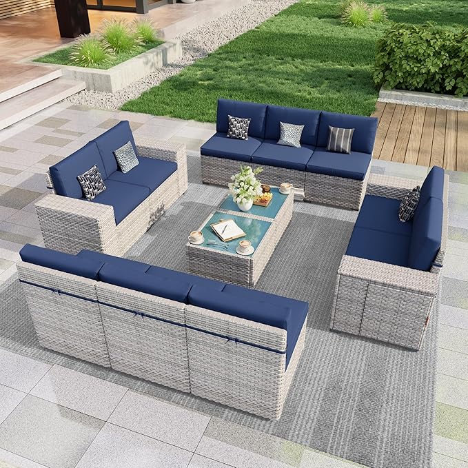PCSXDSW 12 Pieces Patio Conversation Set, Rattan Furniture Set with Wide Armrests and Coffee Table, Outdoor Modular Sectional Couch Wicker Sofa for Garden Backyard Balcony Porch Deck (Blue Cushions)