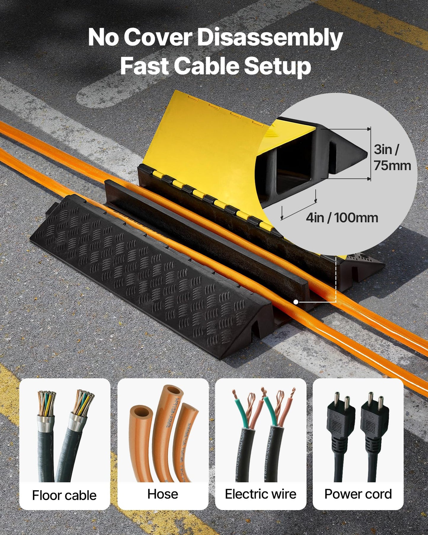Vevor Rubber Cable Protector Ramp, 2 Channel Heavy Duty Rubber Cord Hose Wire Cover, 4 W X 3 H Large Channel Size, Driveway