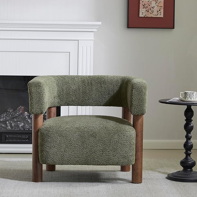 Christopher Knight Home Carly Low Profile Accent Chair, Round Backrest Side Chair, Living Room Armchair with Boucle Fabric Cushion,Comfy Reading Chair for Bedroom,Wooden Single Lounge Sofa,Olive Green