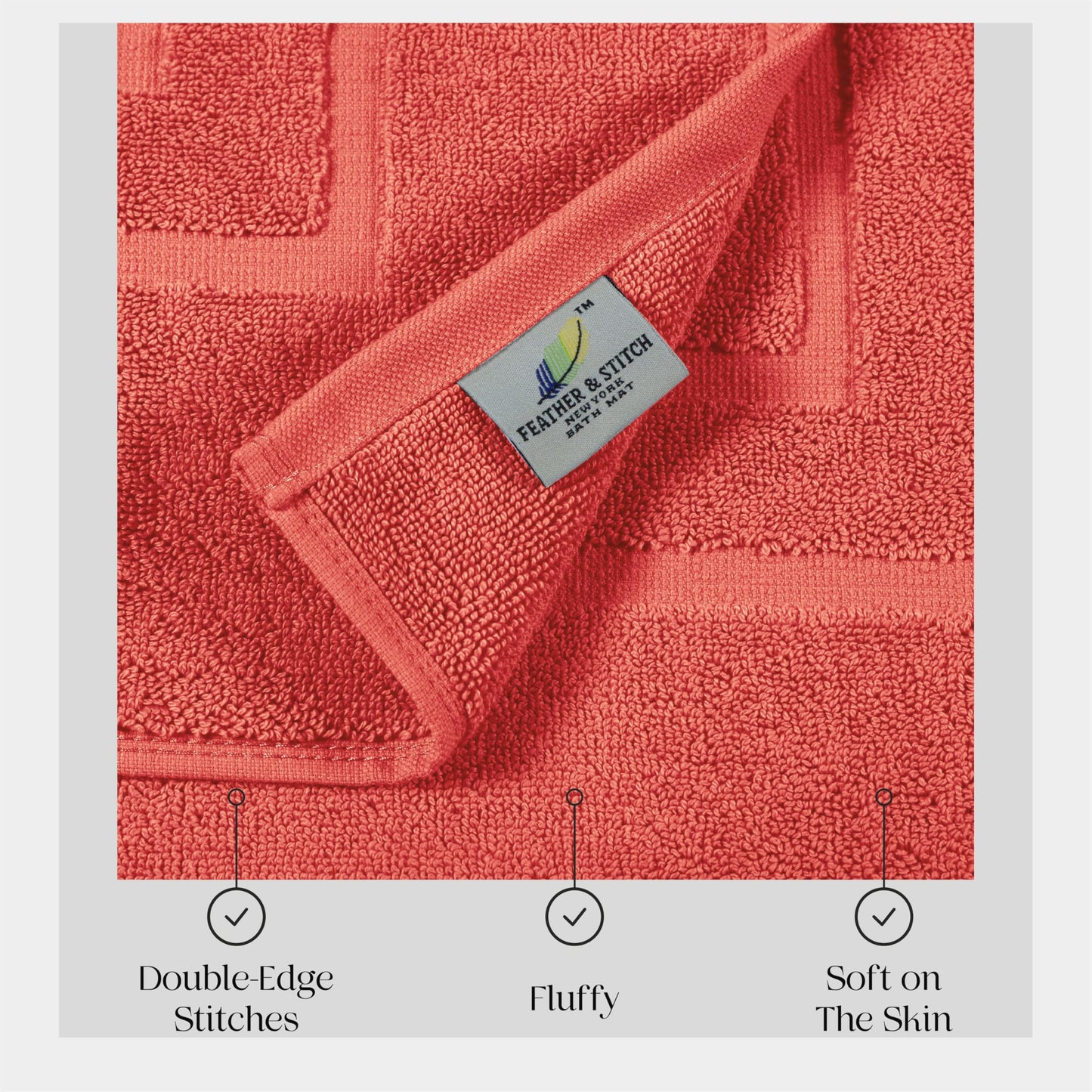Feather & Stitch 2 Piece Towel Like Bath Mats (30x21 Inch) 100% Cotton Terry Mat for Hotel, Spa, Shower Floor Mats [NOT A Bathroom Rug], Soft Absorbent Washable Mats - Coral