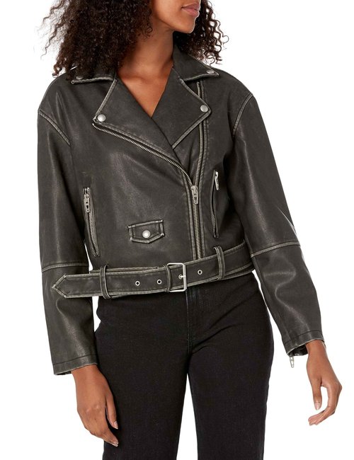 [BLANKNYC] Womens Luxury Clothing Vegan Leather Moto Jacket with Belt, Comfortable & Stylish Coat, A-List, Large