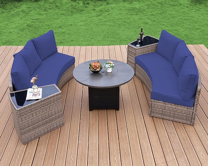 Patio Furniture Sets, 6 Piece Half-Moon Sectional Round Sofa Set, Outdoor Patio Furniture with Cushions for Beach, Pool, Balcony, Blue