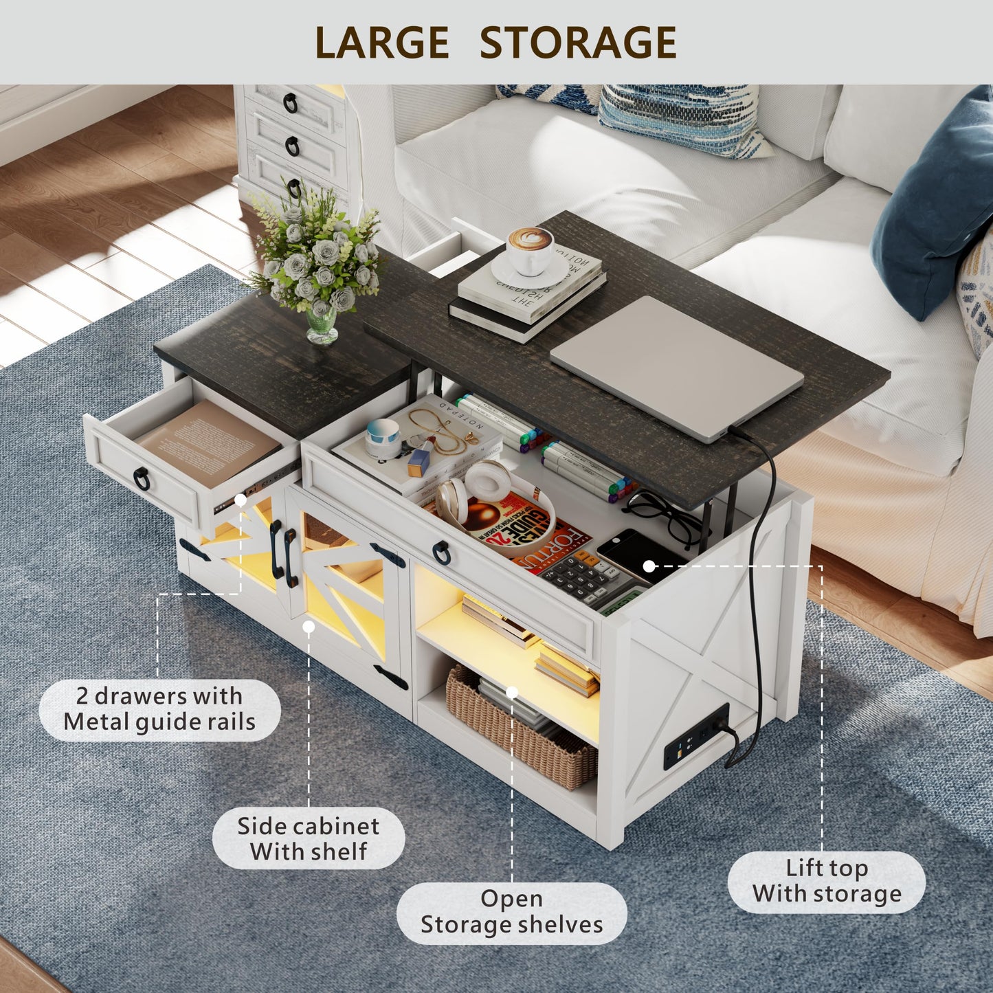 Lvifur 48" Farmhouse Lift Top Coffee Table with LED Lights & Charging Station, Living Room Center Table with 2 Hidden Storage Compartments, Lifting Tabletop and Adjustable Shelf (White)
