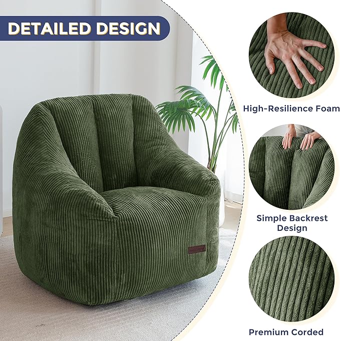 MAXYOYO Bean Bag Chair, Bean Bag Sofa with Filler, Cozy Living Room Chair for Adults and Kids, Stuffed Floor Sofa for Bedroom Dorm Reading, Dark Green
