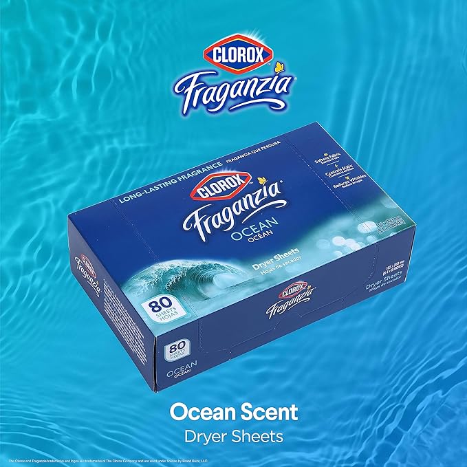 Clorox Fraganzia Fabric Softener Dryer Sheets, Ocean Scent - Wrinkle Reducing Scented Softening Laundry Dryer Sheets for Great Smelling Clothes, 80 Count