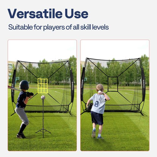 VIVOHOME Baseball Softball Hitting Net with Large Ball Collection System, 7 x 7 ft Baseball Batting Pitching Net with Tee, 2 Strike Zone, Carry Bag, Black