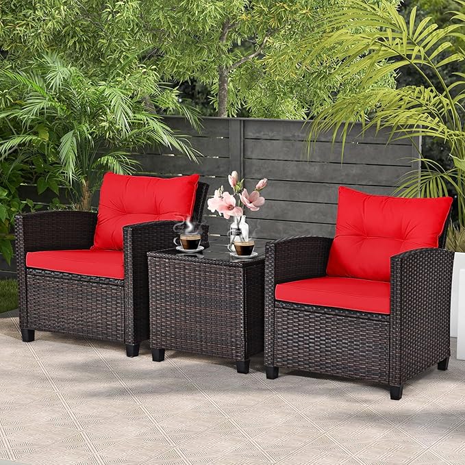 ORALNER 3 Pieces Patio Furniture Set, Outdoor Wicker Conversation Set Rattan Chairs with Cushions, Glass Coffee Table, Bistro Set for Front Porch Balcony Garden Deck Poolside (Red)
