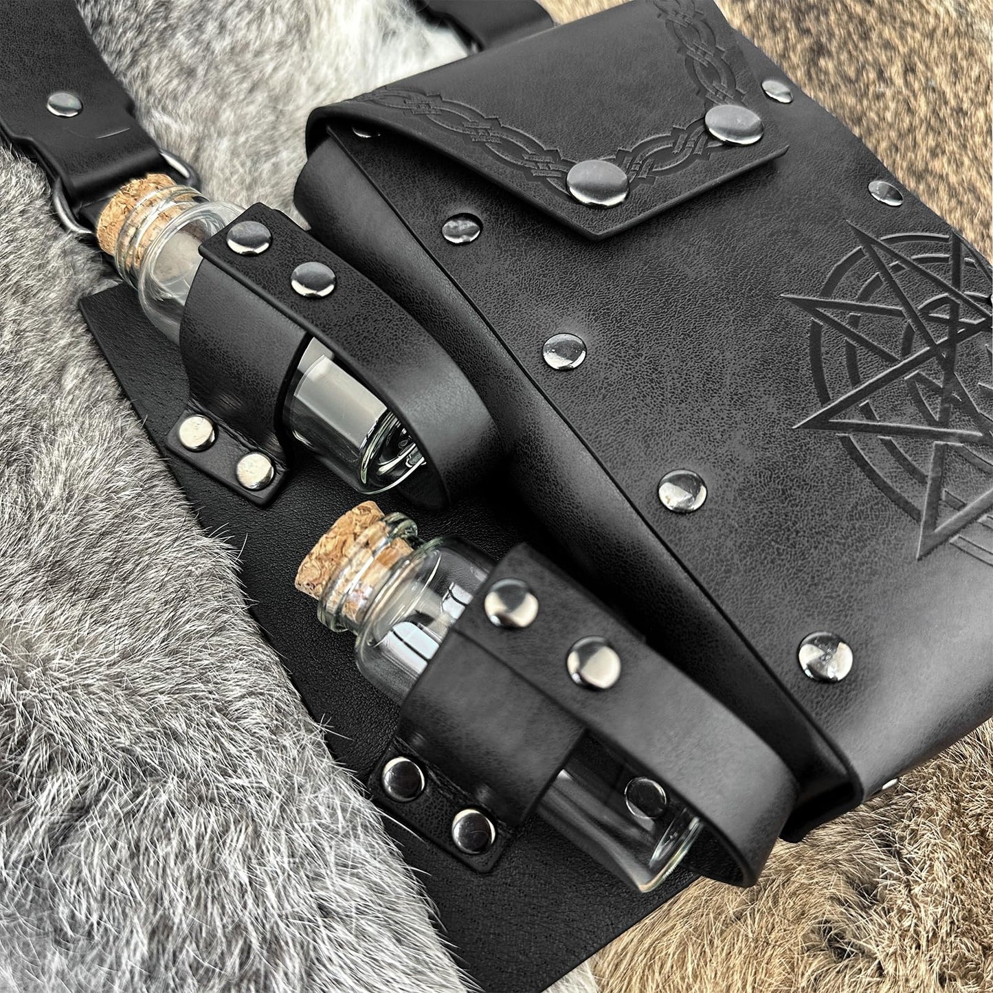 EpicCos 3 PCs Medieval Alchemy Belt Waist Pack Combo with Multiple Potion Bottles, Viking Rivet Belt Side Pouch for Cosplay (Black D)