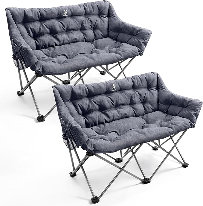 EVER ADVANCED Double Camping Chair for Adults, Padded Folding Camping Love Seat Bench with Side Pocket Portable Camping Couch, 2 Person Heavy Duty Outdoor Chair with Cushion,Support 600lbs, 2Pack