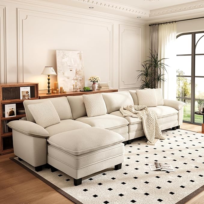 PHI VILLA Cloud Modular Couch Sets, 157.5" Sectional Sofa with L-Shaped Chaise, 5-Seater Upholstered Couches with Movable Ottoman for Living Room, Chenille Fabric, Beige