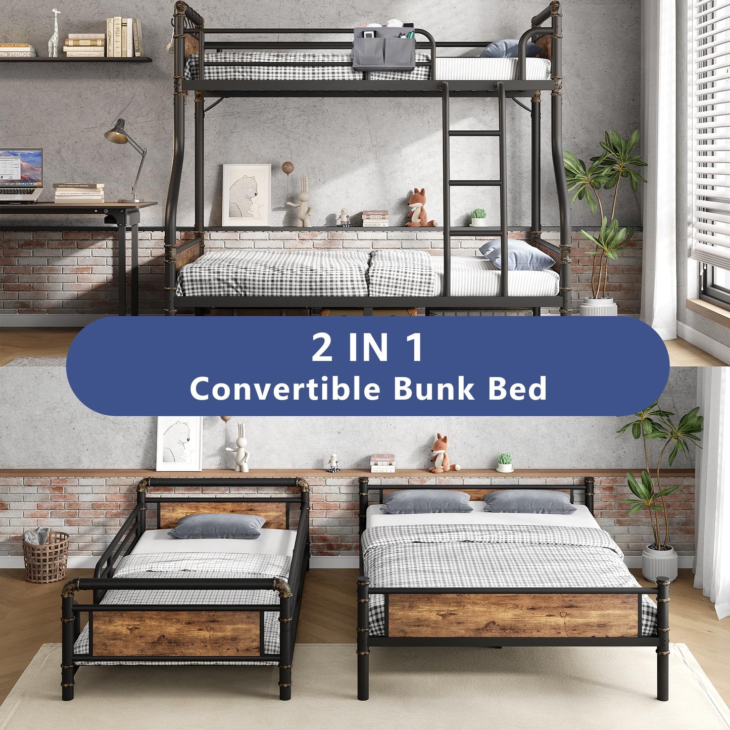 Bunk Bed Twin Over Full, Heavy Duty Metal Bunkbeds with Ladder and Full-Length Guardrail, Convertible into 2 Individual Beds for Kids, Teens and Adults, Under-Bed Storage Space, Vintage Brown