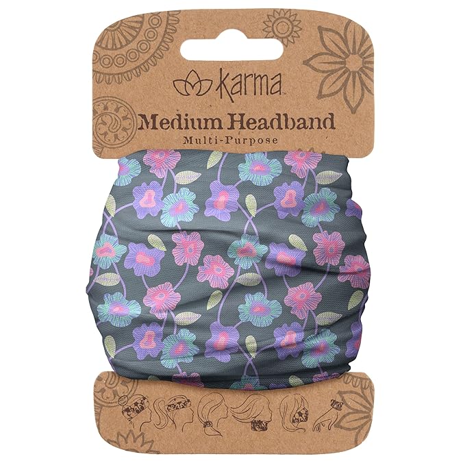 Karma Grey Poppies Headband for Women - Medium - Fabric Headband and Stretchy Hair Scarf - Multicolor