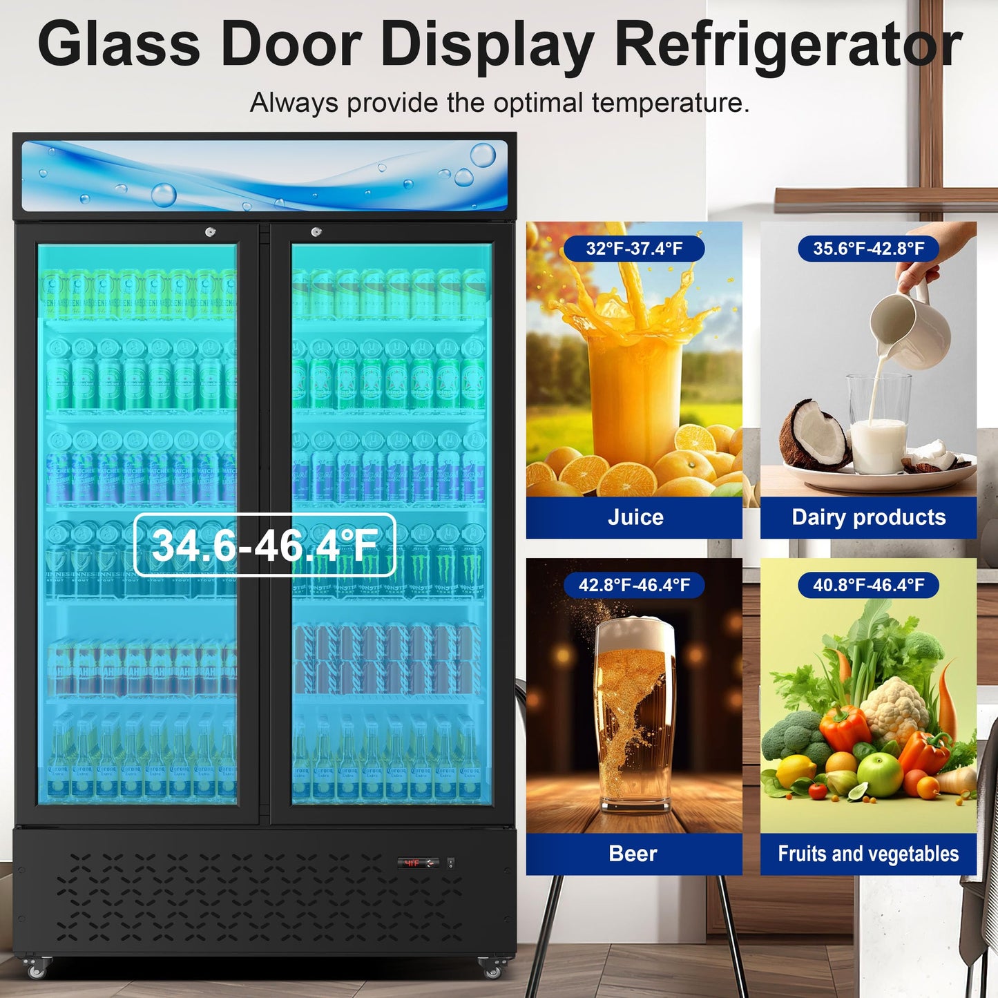 Beverage Cooler Commercial Refrigerator 40.3 Cu.Ft. Glass Door Display Refrigerator with LED Light, Shelves, Display 10 Commercial Beverage Refrigeratorfor Restaurant Cafe Bar Store (40.3 Cu.Ft.)