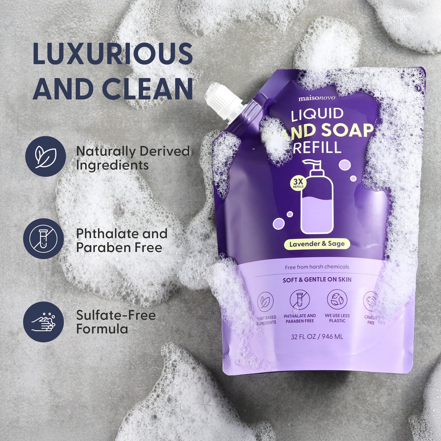 MAISONOVO Hand Soap Refills - Natural Hand Soap Refill Made in USA - Gentle Non Toxic Liquid Soap Good for All Skin Types - Unsc