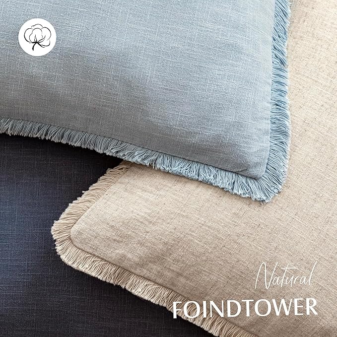 Foindtower Set of 2 Decorative Linen Fringe Throw Pillow Covers Cozy Boho Farmhouse Cushion Cover with Tassels Soft Accent Pillowcase for Couch Sofa Bed Living Room Home Decor,26×26 Inch,Sky Blue