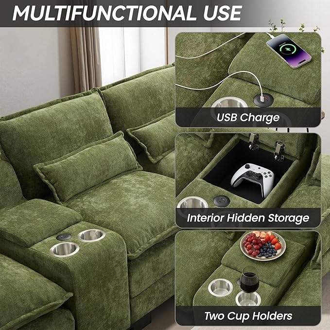 125" U Shaped Cloud Modular Sectional Couch for Living Room, Small Comfy Chenille Sofa with Double Chaise Lounge, Storage Central Console, Cup Holders, USB Port,Green