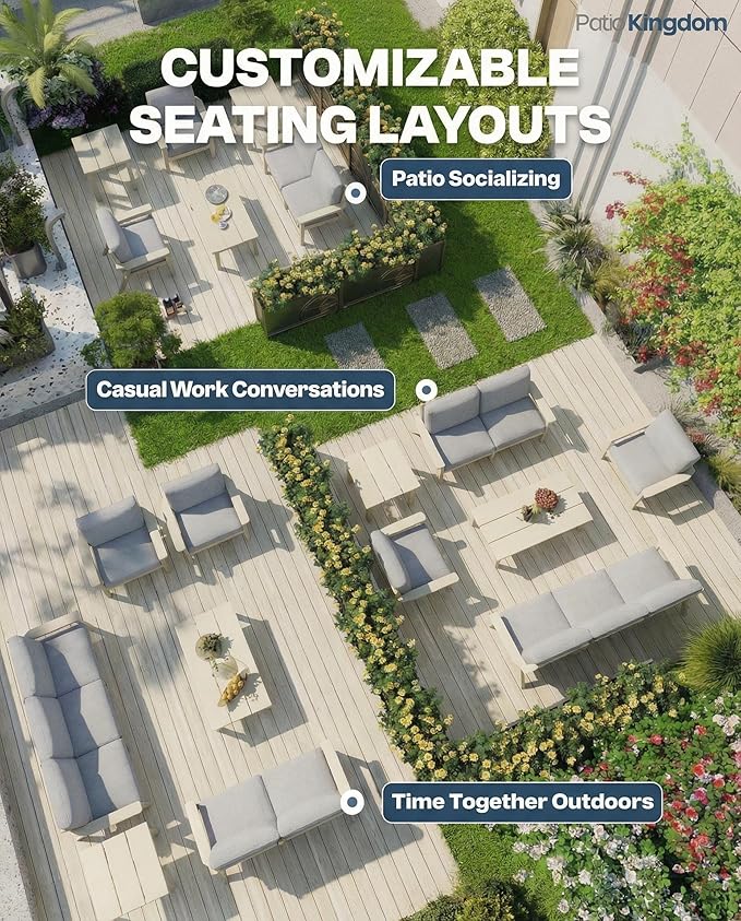 Patio Kingdom Patio Furniture Set 2 Seats, HDPE Outdoor Sectional with Gray Washable Thick Cushions, Coffee Table, Patio Conversation Sets for Lawn, Garden, Porch, Balcony, Deck (White Frame)