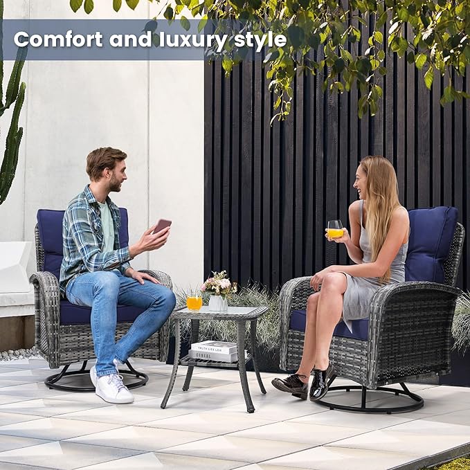 wildformers Luxury Outdoor Swivel Wicker Glider Patio Chairs with Table Set, Overstuffed Washable Cushions, Ideal for Porch, Balcony, Deck, Grey Rattan and Blue Cushion