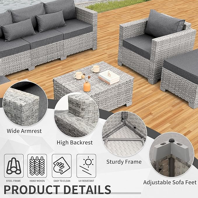 WAROOM Patio Furniture Set 6 Piece Outdoor Patio Set Grey Wicker Balcony Furniture Conversation Sets PE Rattan Couch Sofa with Coffee Table, Grey Cushion