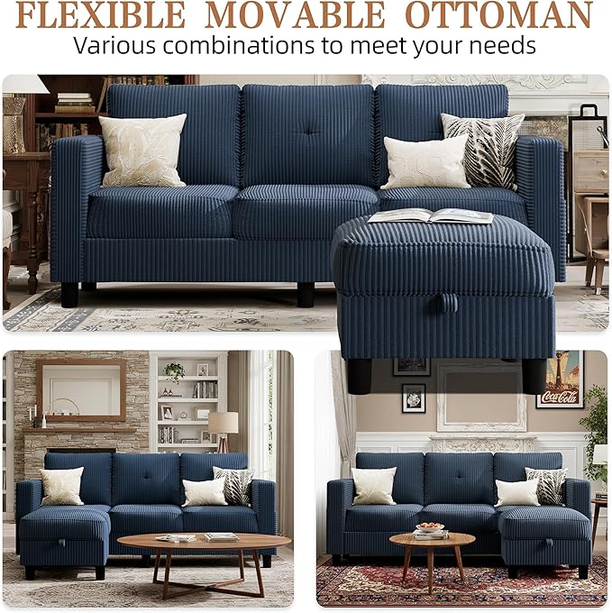 Shintenchi 76" Modern Upholstered Sectional Sofa, L-Shaped Couch with Storage Ottoman and Reversible Chaise for Living Room, Blue Corduroy Fabric