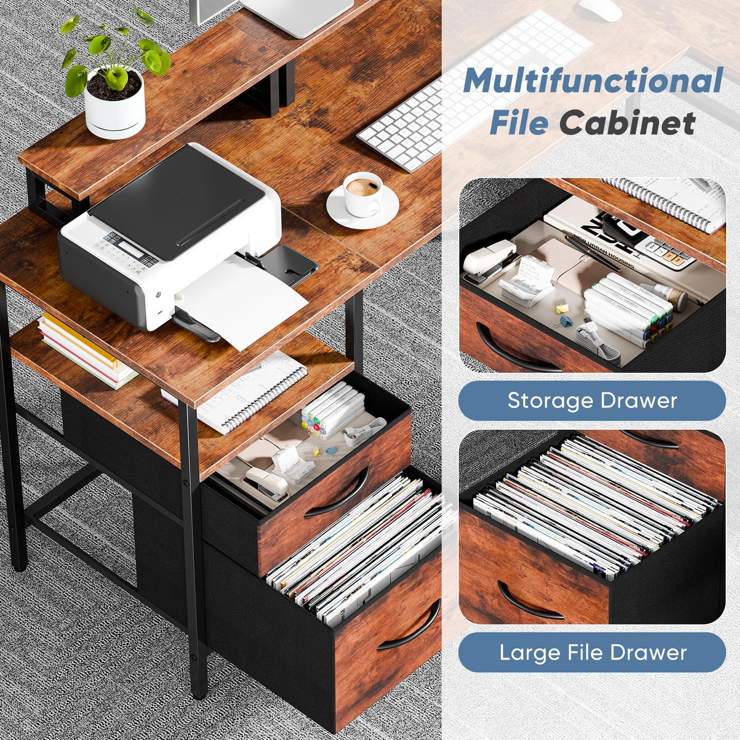 HAPPYMONT L Shaped Gaming Desk with Power Outlet & 2 Monitor Stands, Computer Desk with Drawer & Adjustable Storage Shelves, Large Corner Desk for Home Office, Rust Brown