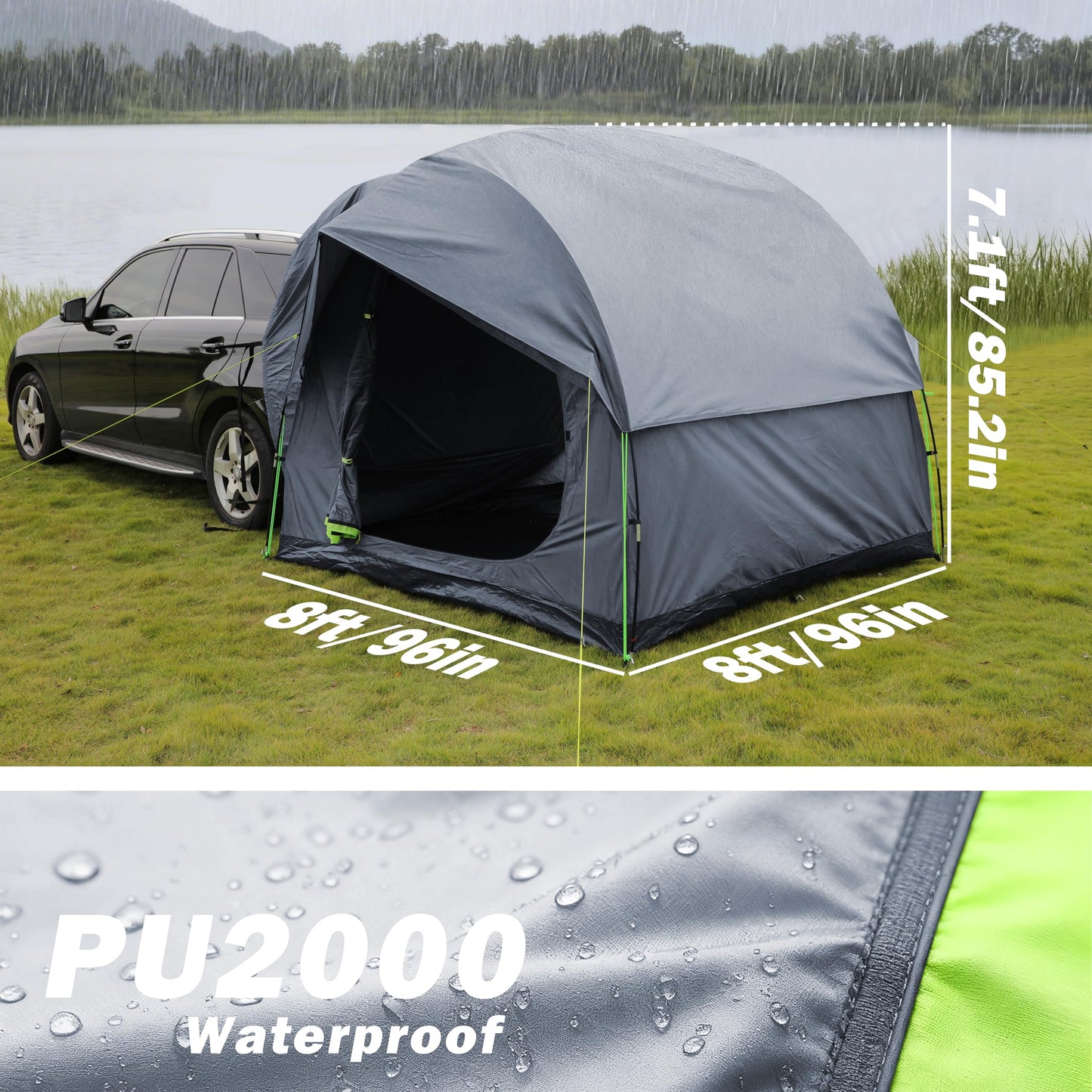 HREFUEU SUV Tailgate Tent for Camping with Rainfly, 3-6 Person Outdoor car Tent, 8'x8'x7.1'(H), Waterproof 3000MM UPF 50+, Easy Set Up, Portable Storage Bag, Any Size SUV/MPV/CUV/Jeep