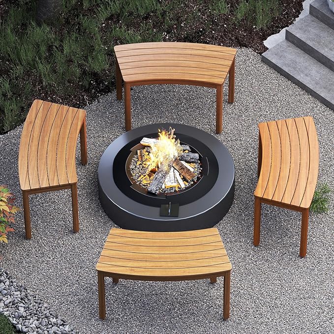 Tangkula Acacia Wood Outdoor Curved Bench Set of 3, Patio Garden Backless Fire Pit Bench with 1200 lbs Weight Capacity, Outside Seating Furniture for Front Porch, Deck & Backyard