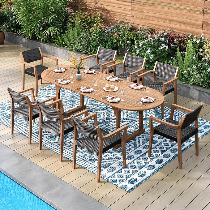 PHI VILLA Outdoor Acacia Wood Chairs Set of 2, Heavy-Duty Dining Armchairs with Wicker Back & Seat, Farmhouse Style Teak Seating Furniture for Patio, Deck, Yard, Balcony, Garden