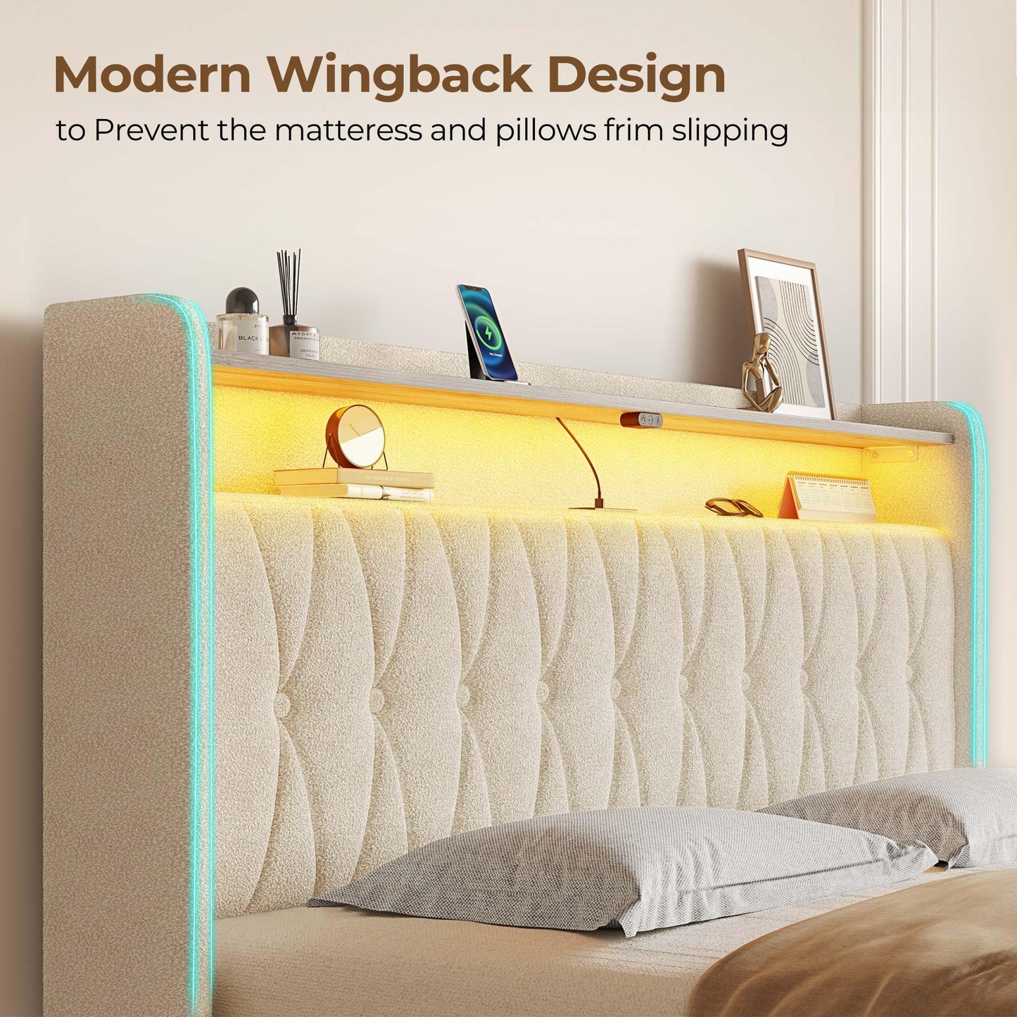 Rolanstar Twin Bed Frame with Drawer, Storage Headboard with Charging Station and LED Lights, Upholstered Bed with Heavy Duty Wood Slats, No Box Spring Needed, Noise Free, Easy Assembly, Beige