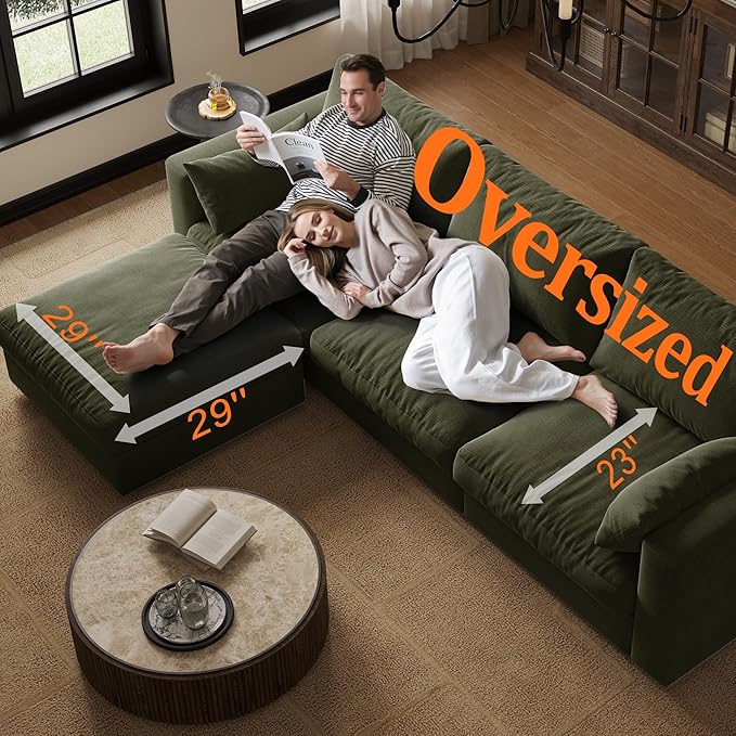 Cloud Modular Sectional Sofa Couch with Storage Ottoman, 99" Oversized Sectional Couches for Living Room, Cloud Modular L-Shaped Sofa with Chaise, 4 Seater, Chenille, Green