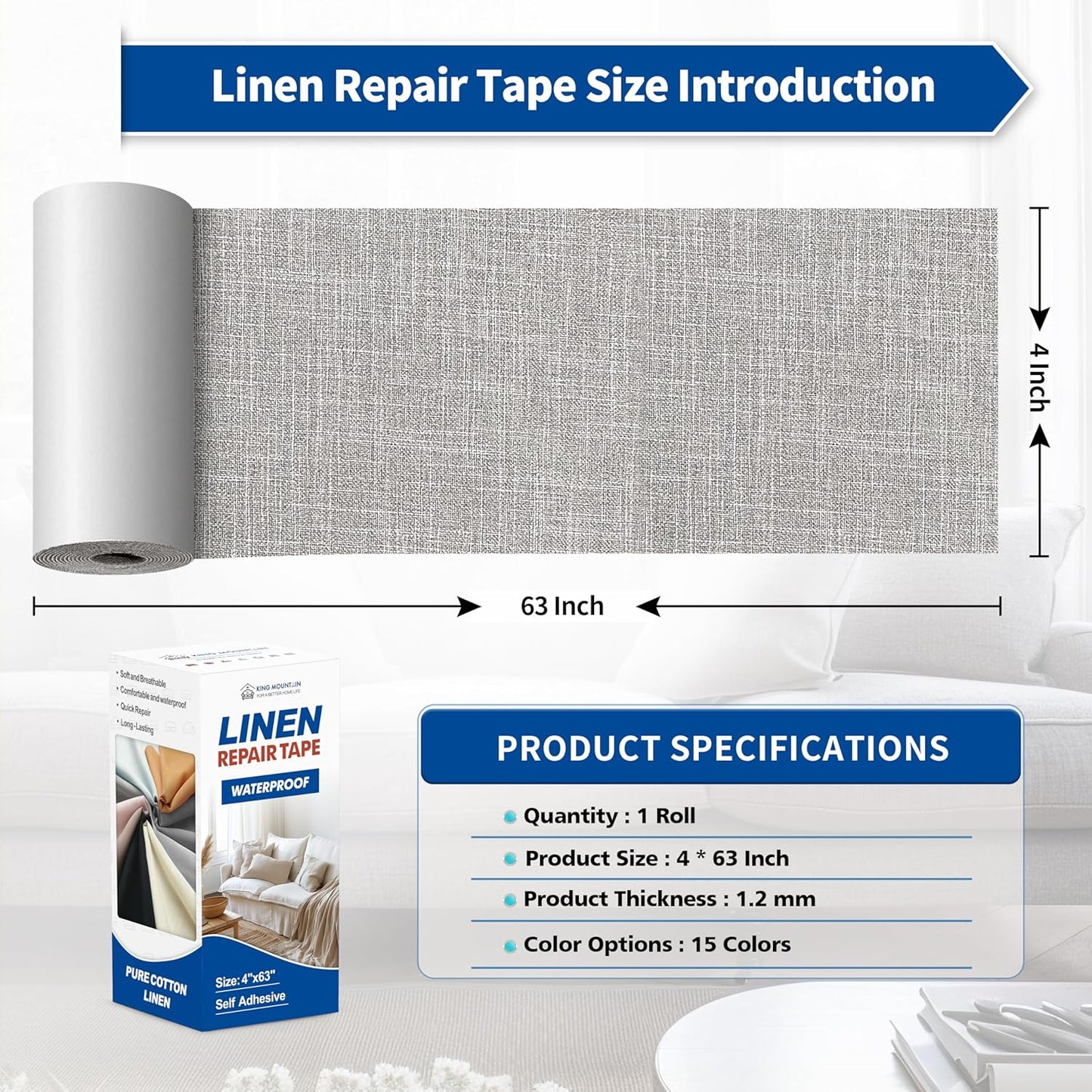 KING MOUNTAIN Linen Repair Patches, Self-Adhesive Linen Fabric Patches, 4 X 63 inch Extra Size, Multi Color, Can be Used for Linen Sofa Repair and Linen Clothes Repair (Light Grey 2.0)