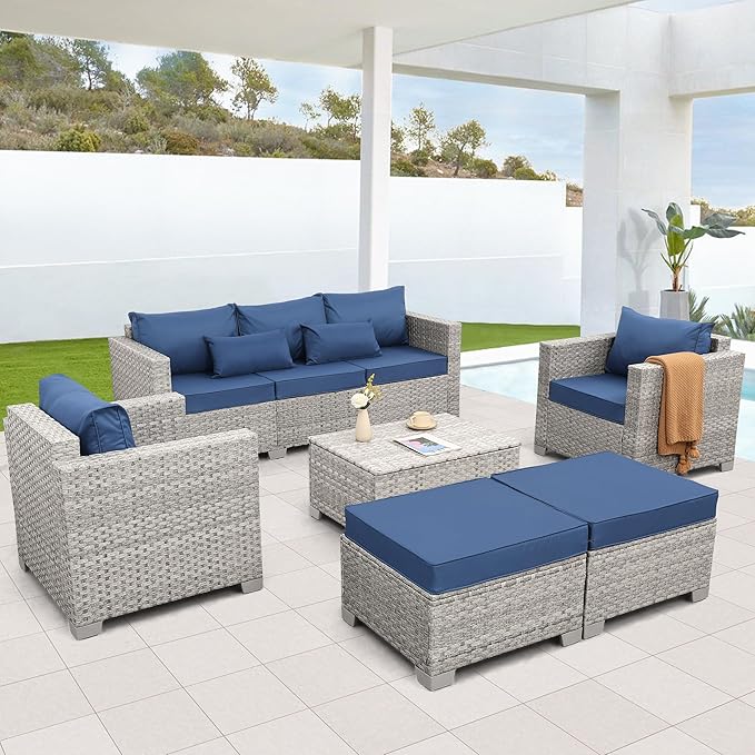 WAROOM Patio Furniture Set 6 Piece Outdoor Patio Set Grey Wicker Balcony Furniture Conversation Sets PE Rattan Couch Sofa with Coffee Table, Blue Cushion