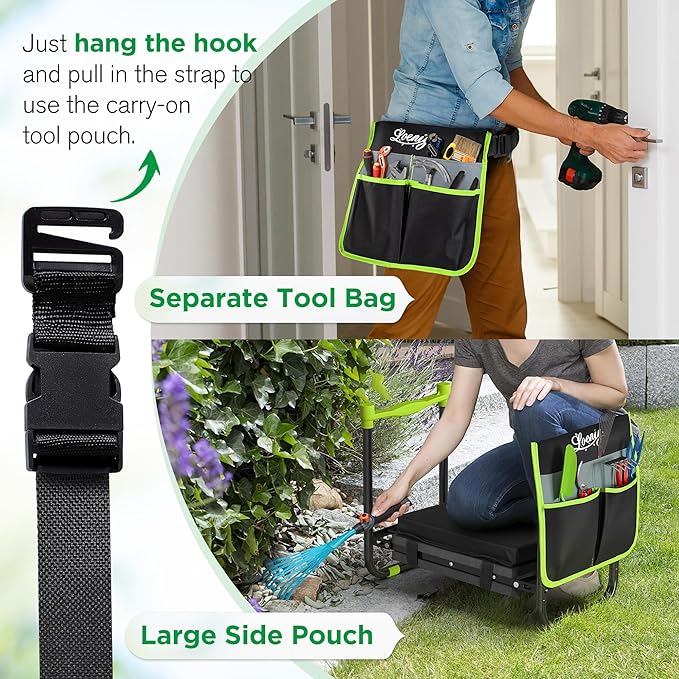 LOENIY 10.8” Wide Garden Kneeler and Seat, Heavy Duty Foldable Gardening Stool with Tool Belt Pouch, Included Thickened Kneeling Pad, Portable Gardening Bench Chair for Seniors & Parents