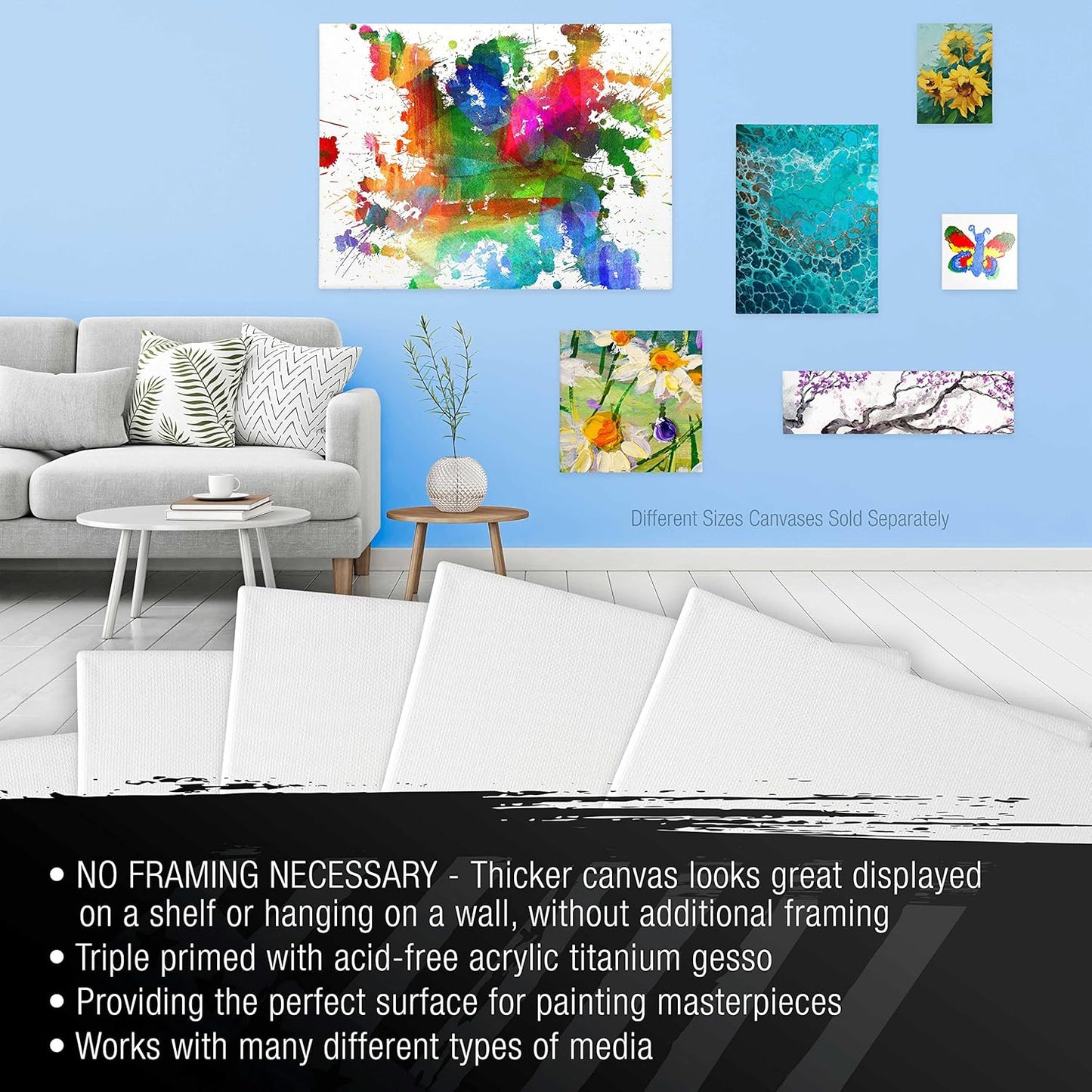 U.S. Art Supply Square Stretched Canvas for Painting 12x12 inch Gallery Depth 1-1/2" Thick, 3-Pack - 12oz Acrylic Gesso Triple Primed, Professional Artist Quality, 100% Cotton - Pouring, Oil Paint