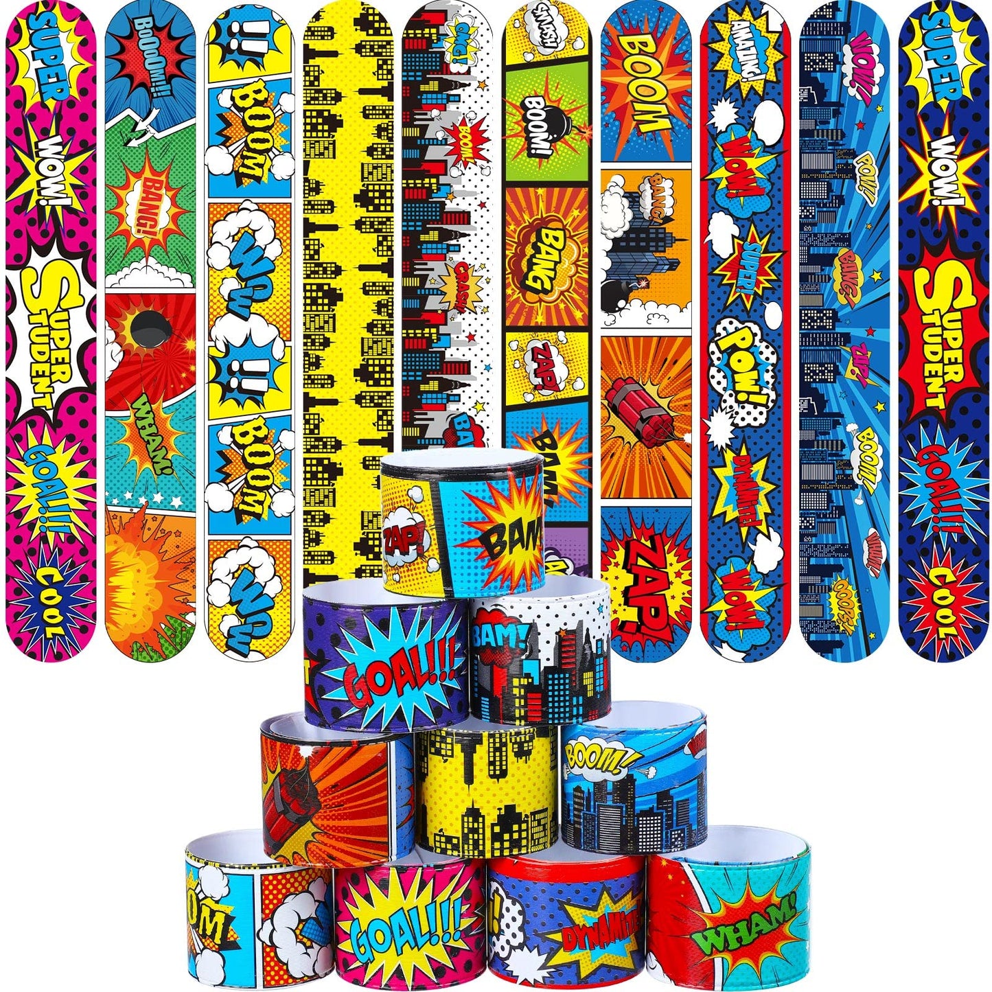 Junkin 40 Pieces Hero Tie Dye Party Favors Slap Bracelets for Kids Boys Girls Snap Bracelets Party Supplies Wristband Birthday Supplies Decorations, 10 Styles (Hero)