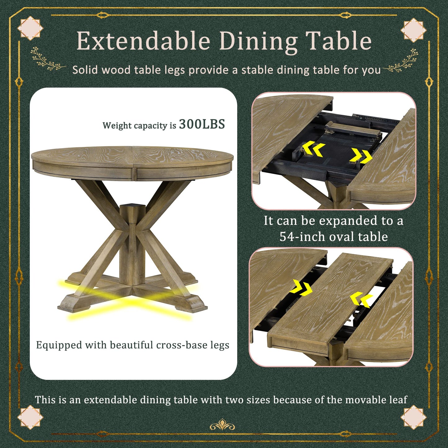 GDFStudio 42"-54" Farmhouse Extendable Dining Table for 4-6 with 12" Butterfly Leaf Round-to-Oval Top Cross-Base Legs, Kitchen & Dining Room Table, 300 lb Capacity, Space-Saving, Natural Wood Wash