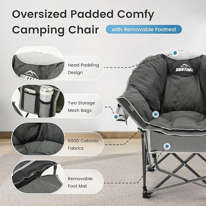 OUTDOOR LIVING SUNTIME Oversized Padded Comfy Camping Chair with Removable Footrest，Weight Capacity 400 LBS, Heavy Duty Moon Round Leisure Folding Chair for Camping, Hiking, Carry Bag, Gray