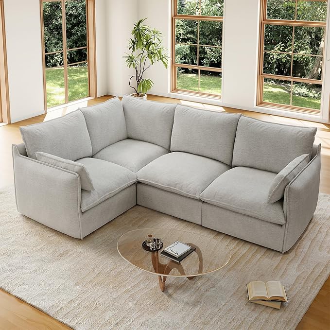 Forest aesthetics Cloud Modular Sectional,Waterproof High Backrest 4 Seater Sectional Couches,Down Filled Modular Couch with Removable Washable Cover for Living Room,Light Gray