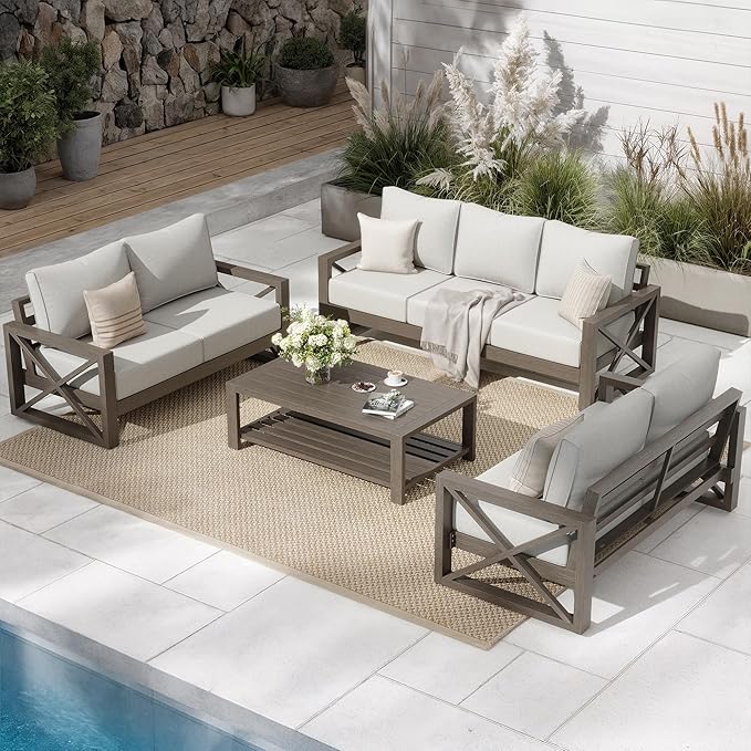 UDPATIO Aluminum Patio Furniture Set, 7 Seats Outdoor Patio Sets with Coffee Table, Faux Wood Patio Furniture Set Metal Modern Outdoor Sectional for Deck Porch Patio, Light Grey
