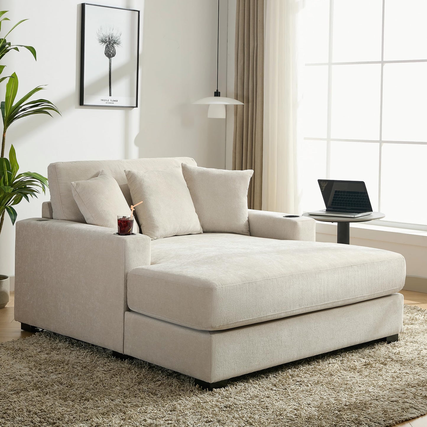 Merax Modern 55" Chaise Lounge with Pillow, Charge Station & Cup Holders,Upholstered Sofa Recliner Chair for Living Room Bedroom Cream
