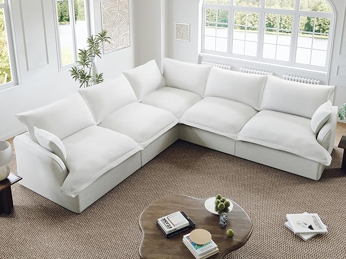 Lopzeho 111” Oversized Modular Sectional Sofa, Comfy Down Fill Cloud Couch, 5 Seater V Shaped Modular Couch with Washable Cover, Deep Seat Sectional Couches for Living Room, Cream White