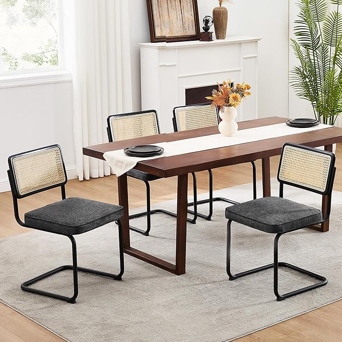 Zesthouse Natural Rattan Dining Chairs Set of 2, Mid Century Modern Dining Chairs with Solid Wood Back & Black Matte Base for Kitchen, Breuer Design Inspired, Upholstered Linen Fabric, Dark Grey